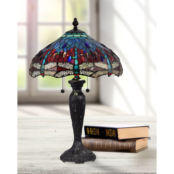 Gilder Antique Bronze Dragonfly Two-Light Tiffany Table Lamp, image 2