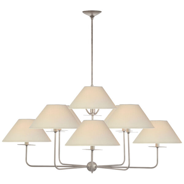 Kelley Large Chandelier in Burnished Silver Leaf with Linen Shades by Niermann Weeks, image 1