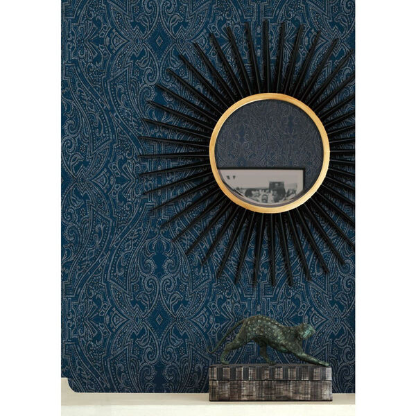 Ronald Redding Dark Blue Ascot Damask Non Pasted Wallpaper - SWATCH SAMPLE ONLY, image 3