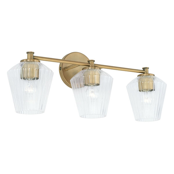Beau Aged Brass Three-Light Bath Vanity with Clear Fluted Glass Shades, image 1