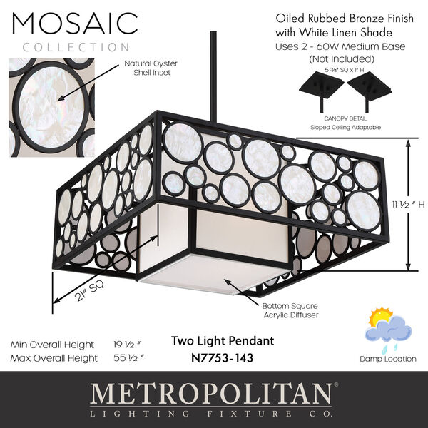 Mosaic Oil Rubbed Bronze Two-Light Pendant, image 2