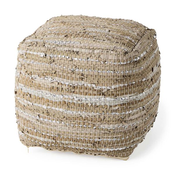 Aadhya Taupe and Silver Leather and Cotton Pouf, image 1