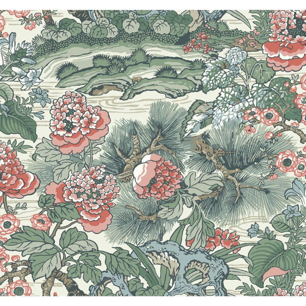 Conservatory Green  and  Pink Dynasty Floral Branch Wallpaper, image 1