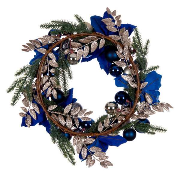 Midnight Blue 22-Inch Artificial Magnolia and Poinsettia Leaf Wreath, image 2