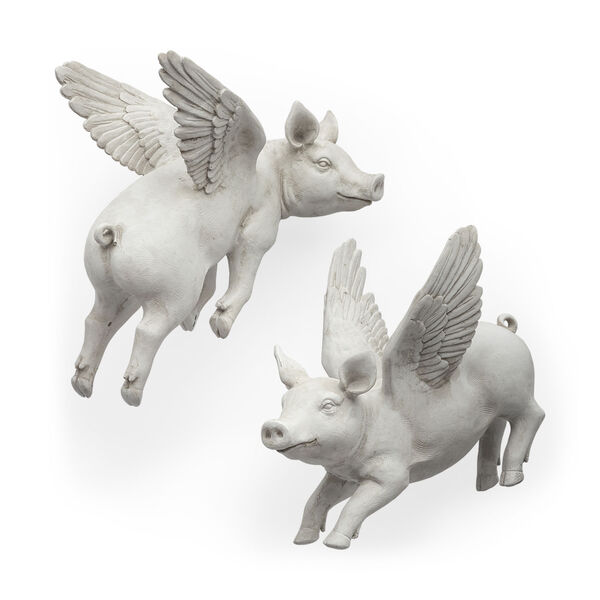 Hogbadi White Flying Pig Wall Sculpture, Set of Two, image 1