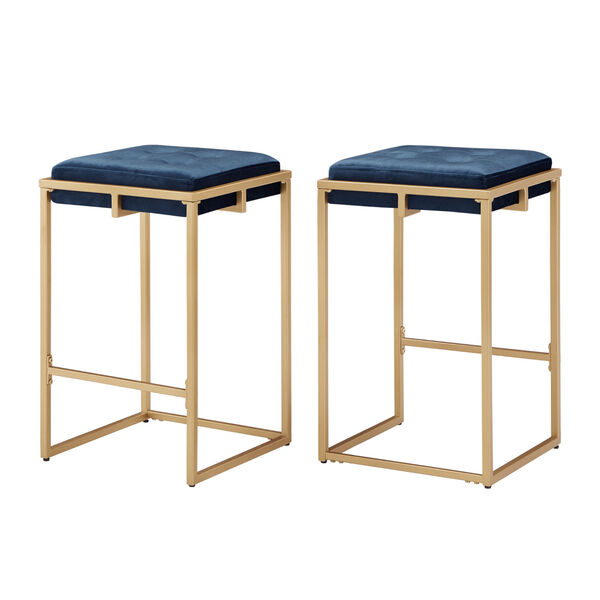 Minnie Gold and Blue Velvet Button Tufted Counter Stool, Set of Two, image 5