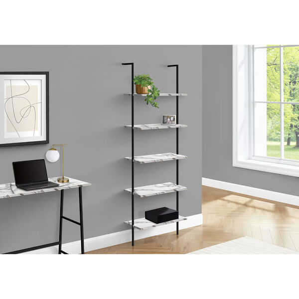 White Marble and Black Ladder Bookcase with Five Shelves, image 2