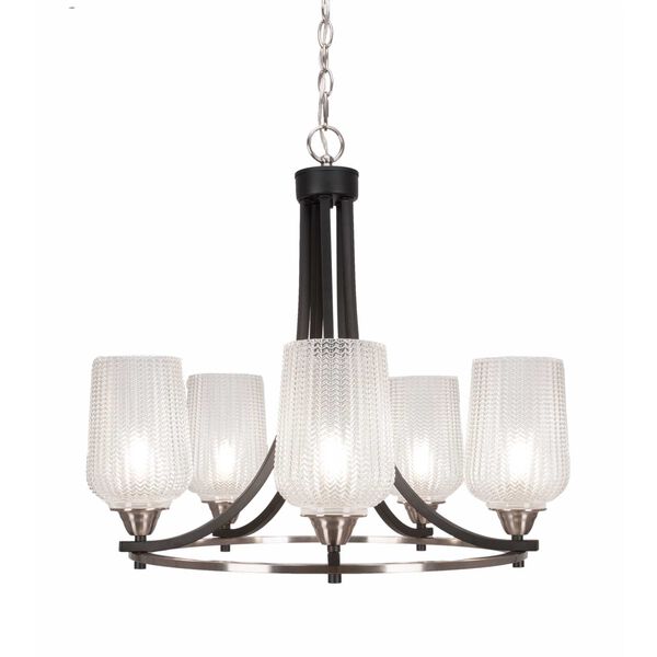 Paramount Matte Black and Brushed Nickel Five-Light Chandelier with Five-Inch Clear Textured Glass, image 1