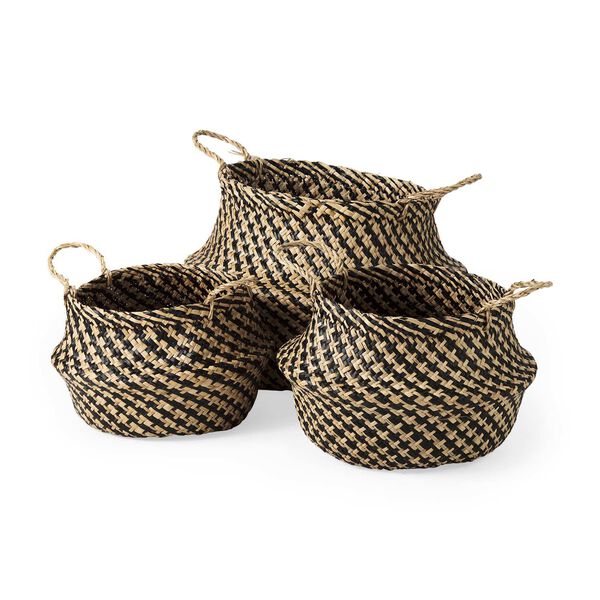 Gaia Dark Brown Cross Patterned Belly Seagrass Basket, Set of 3, image 1