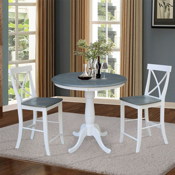 White and Heather Gray 36-Inch Round Pedestal Gathering Height Table With Two X-Back Counter Height Stools, Three-Piece, image 2