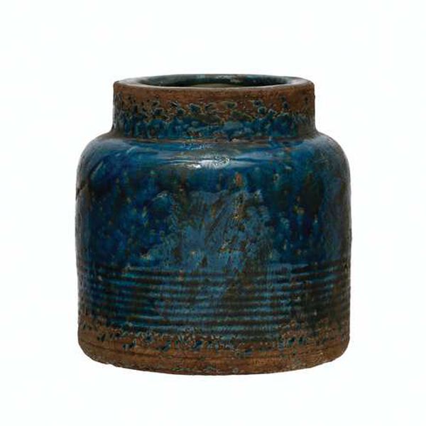 Distressed Blue Debossed Terra-Cotta Vase, image 1