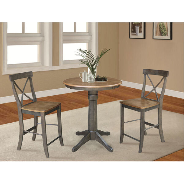 Hickory and Washed Coal 30-Inch Pedestal Gathering Height Table With X-Back Counter Height Stools, Three-Piece, image 2