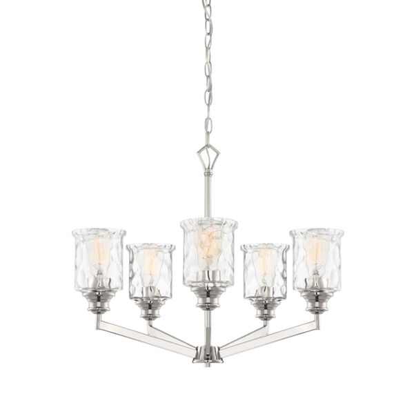 Drake Polished Nickel Five-Light Chandelier with Clear Hammered Glass, image 1