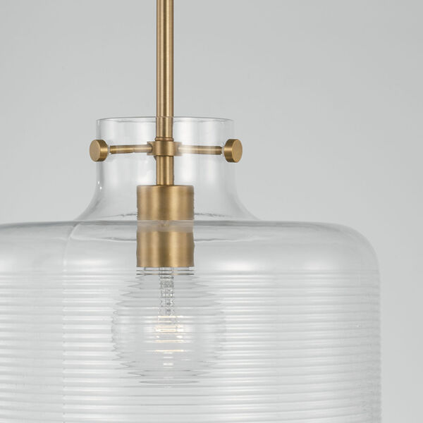 Brighton Aged Brass One-Light Pendant with Clear Ribbed Glass, image 3