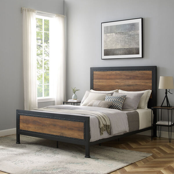 Queen Size Industrial Wood and Metal Bed - Rustic Oak, image 7