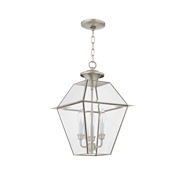 Westover Brushed Nickel 12-Inch Three-Light Outdoor Chain-Hang Lantern with Clear Beveled Glass, image 2