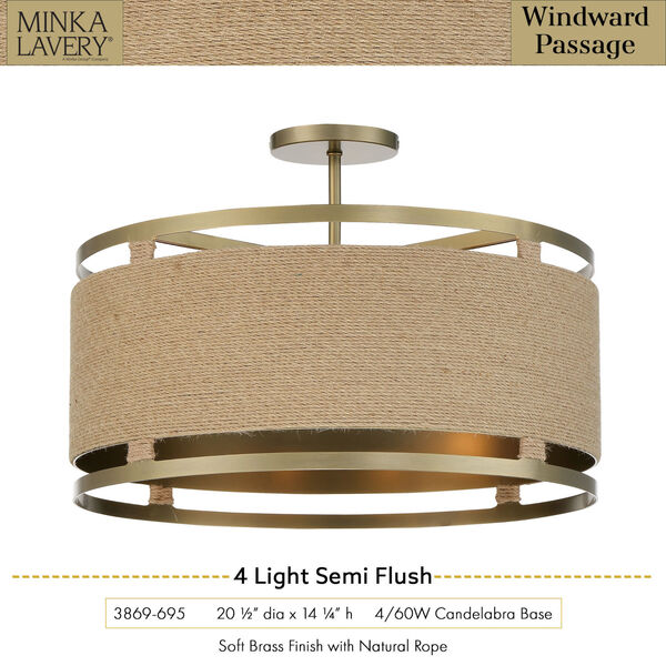 Windward Passage Rope Wrapped Soft Brass Four-Light Semi Flush Mount, image 3