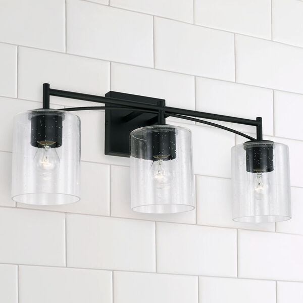 Peyton Matte Black Three-Light Bath Vanity with Clear Seeded Glass Shades, image 3