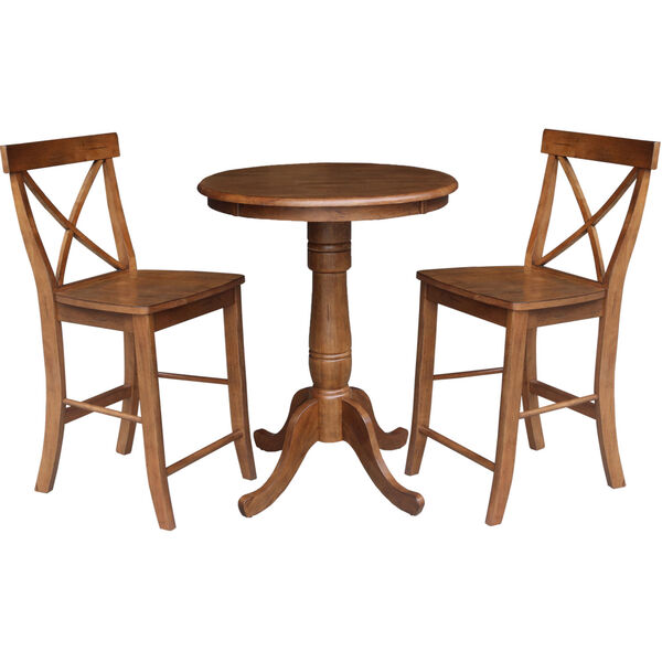 Distressed Oak 30-Inch Round Top Pedestal Gathering Table with Two X-Back Counter Height Stool, Set of Three, image 2