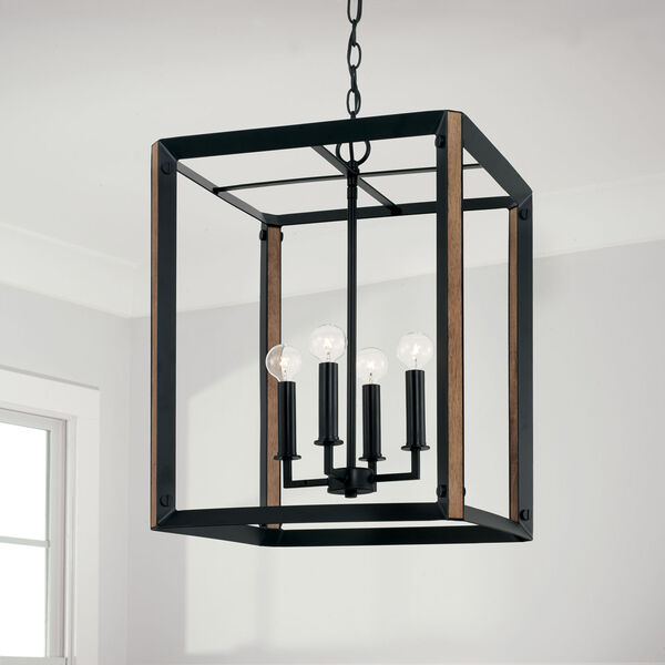 Rowe Matte Black and Brown Wood Four-Light Chandelier, image 5