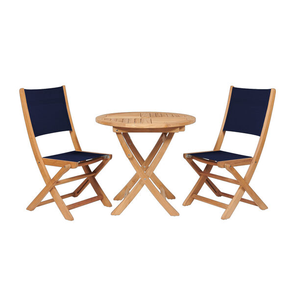 Stella Blue Teak Outdoor Round Folding Table and Chair Bistro Set, 3-Piece, image 1