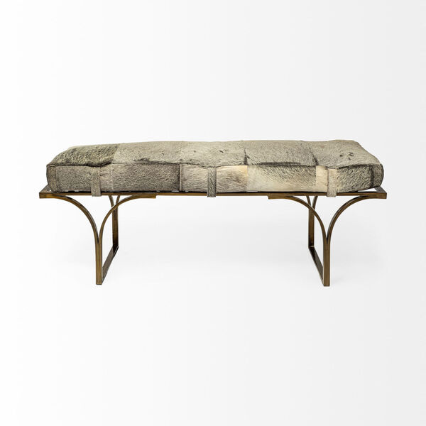 Jessie Gray and Brass Bench with Hair-On-Leather Seat, image 2