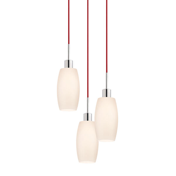 Three-Light Polished Chrome Drum Pendant with Red Cord and White Etched Cased Shade, image 1