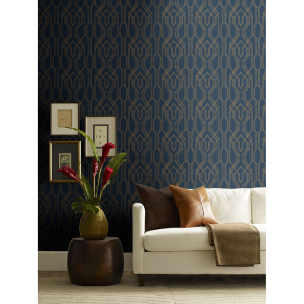 Ronald Redding Tea Garden Blue and Gold Oriental Lattice Wallpaper, image 1