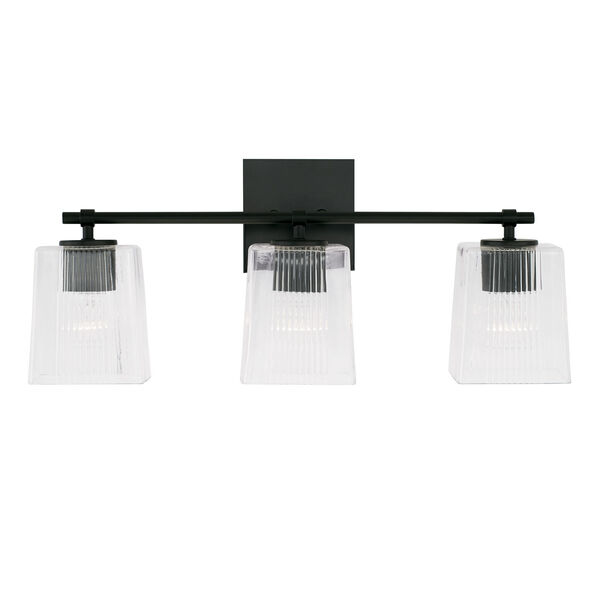 Lexi Matte Black Three-Light Bath Vanity with Clear Fluted Square Glass Shades, image 2