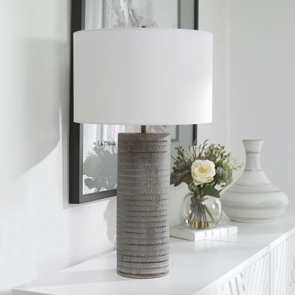 Monolith Pewter Gray and Antique Brass Table Lamp with White Shade, image 6