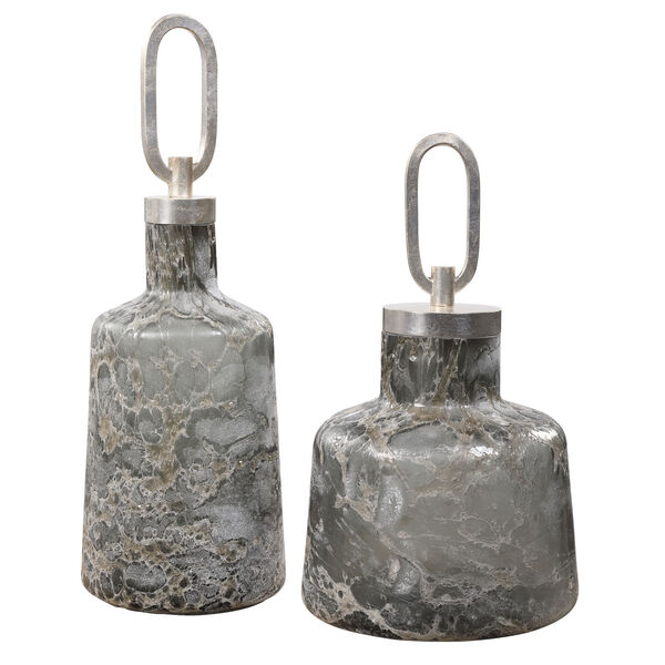 Storm Gray and Silver Storm Art Glass Bottles, Set of 2, image 2