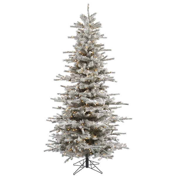Flocked White on Green 7.5 Foot Slim Sierra Christmas Tree with 700 Clear Lights, image 1
