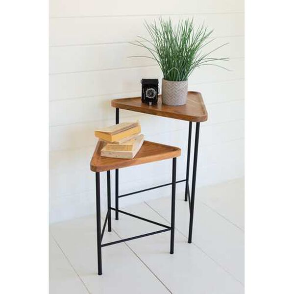 Rattan Wood Triangle Acacia Wood Side Tables with Iron Bases, Set of Two, image 1