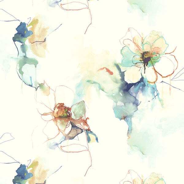 Living with Art Turquoise and Persimmon Anemone Watercolor Floral Unpasted Wallpaper, image 2