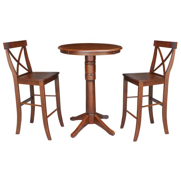 Espresso Round Pedestal Bar Height Table with X-Back Stools, 3-Piece, image 1