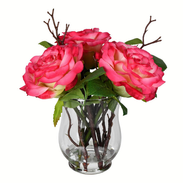 Green and Dark Pink Rose in Glass Vase, image 1