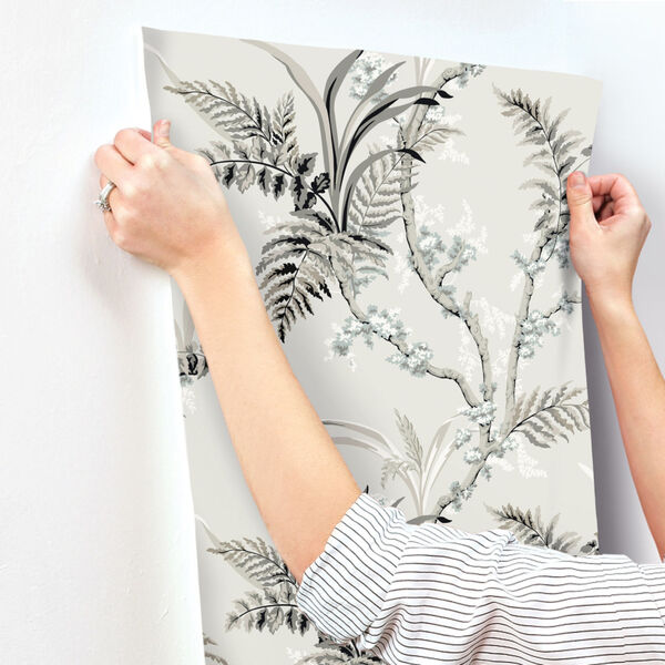 Grandmillennial Gray Beige Enchanted Fern Pre Pasted Wallpaper - SAMPLE SWATCH ONLY, image 3