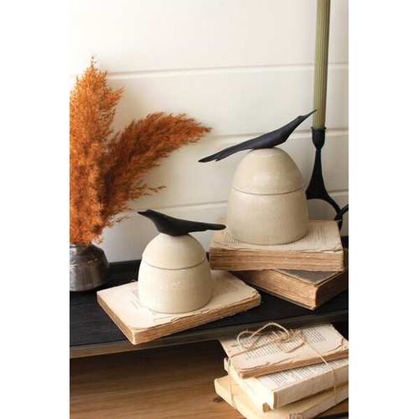 White Clay Canisters with Wooden Bird Handles, Set of Two, image 1