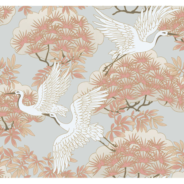 Ronald Redding Tea Garden Orange Sprig and Heron Wallpaper, image 2
