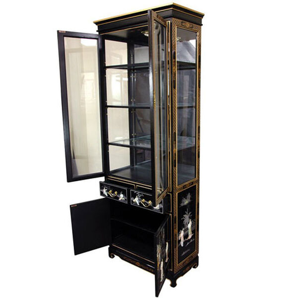 Tall Lacquer Curio Cabinet - Black Mother of Pearl Ladies, Width - 30 Inches, image 2