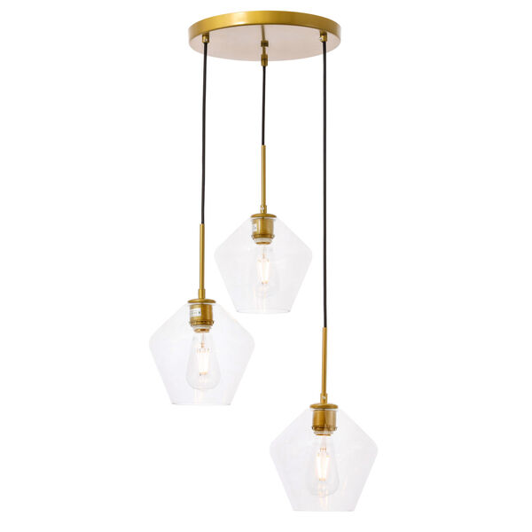 Gene Brass 18-Inch Three-Light Pendant with Clear Glass, image 4