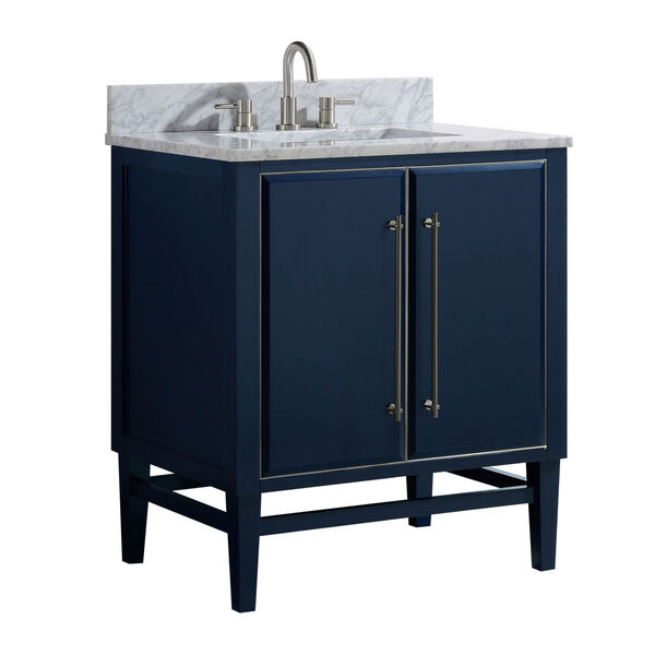 Navy Blue 31-Inch Bath vanity Set with Silver Trim and Carrara White Marble Top, image 2