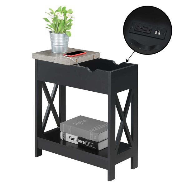 Oxford Faux Birch Black Flip Top End Table with Charging Station and Shelf, image 5