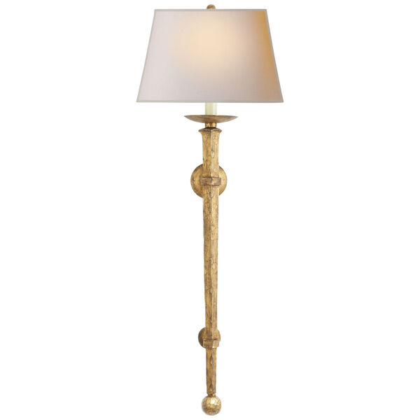 Long Iron Torch in Gilded Iron with Natural Paper Shade by Chapman and Myers, image 1