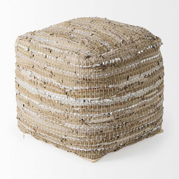 Aadhya Taupe and Silver Leather and Cotton Pouf, image 3