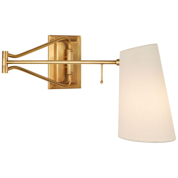 Keil Medium Swing Arm Wall Light in Hand-Rubbed Antique Brass with Linen Shade by AERIN, image 1