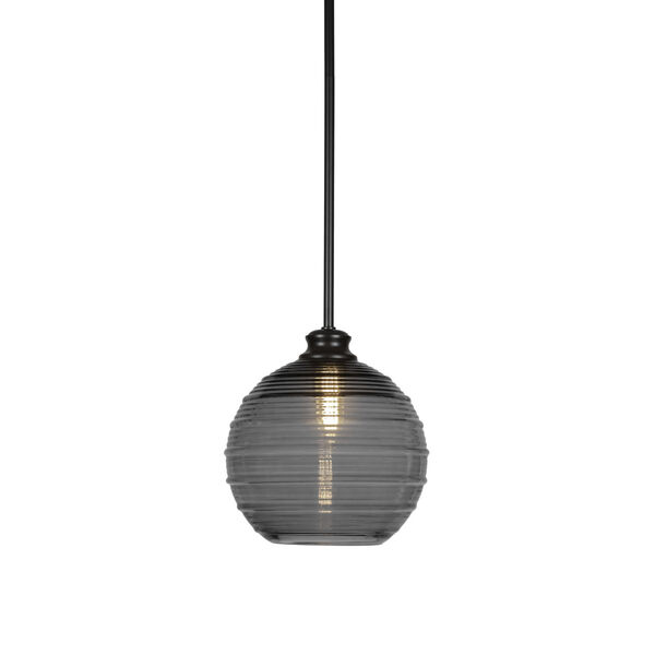 Malena Matte Black 10-Inch One-Light Stem Hung Pendant with Smoke Ribbed Glass Shade, image 1