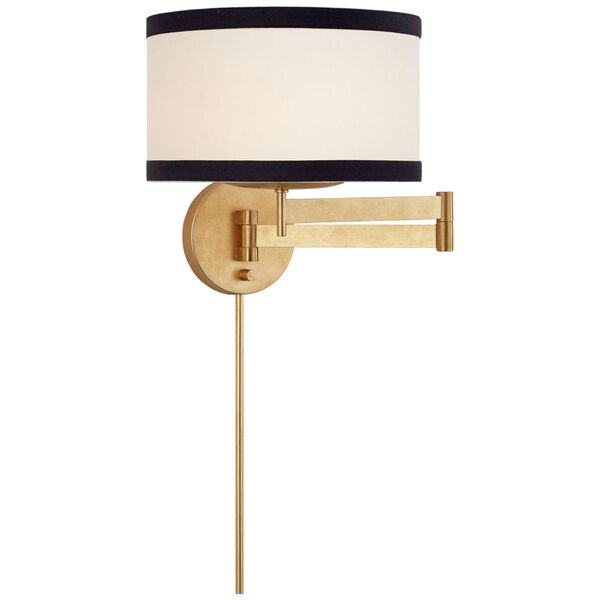 Walker Swing Arm Sconce in Gild with Cream Linen Shade with Black Linen Trim by kate spade new york, image 1