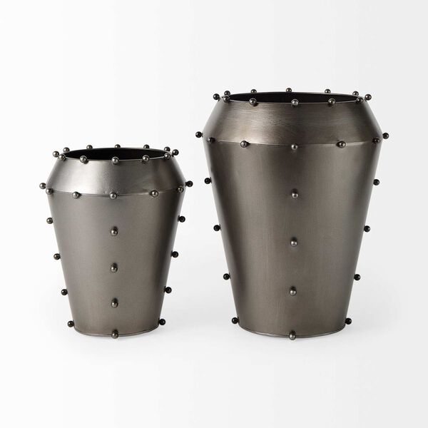 Elio Gunmetal Gray Metal Vase with Studs, image 4