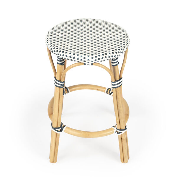 Tobias White and Navy Dot on Natural Rattan Counter Stool, image 2